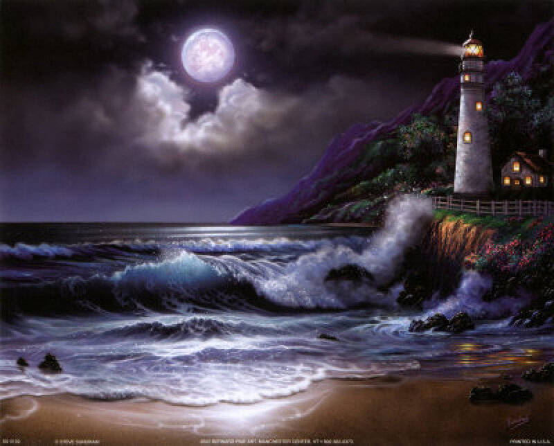 Lighthouse on Rocky Coast — Purple, Dramatic, Night