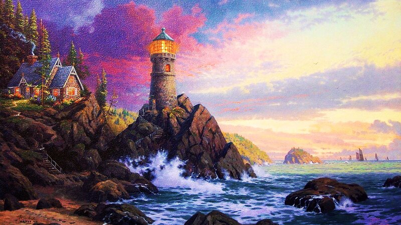 Lighthouse on Rocky Coast — Purple, Dramatic, Sunset, Painting, House, Sea