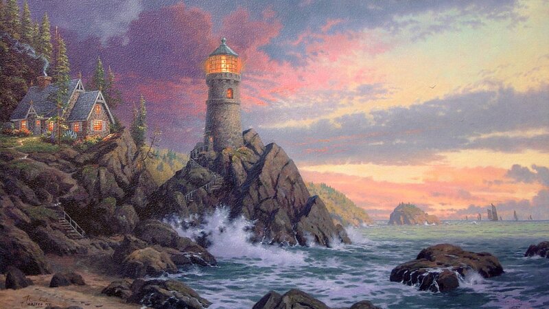 Lighthouse on Rocky Coast — Purple, Dramatic, Sunset, Painting, House
