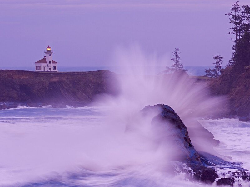 Lighthouse on Rocky Coast — Purple, Dramatic, Sunset, Photograph, Ocean Waves, Cliffs