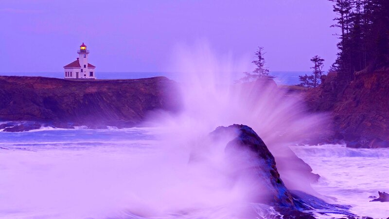 Lighthouse on Rocky Coast — Purple, Dramatic, Sunset, Photograph, Ocean Waves