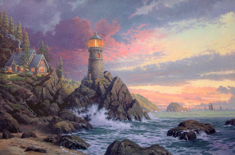 Lighthouse on Rocky Coast — Purple, Dramatic, Sunset