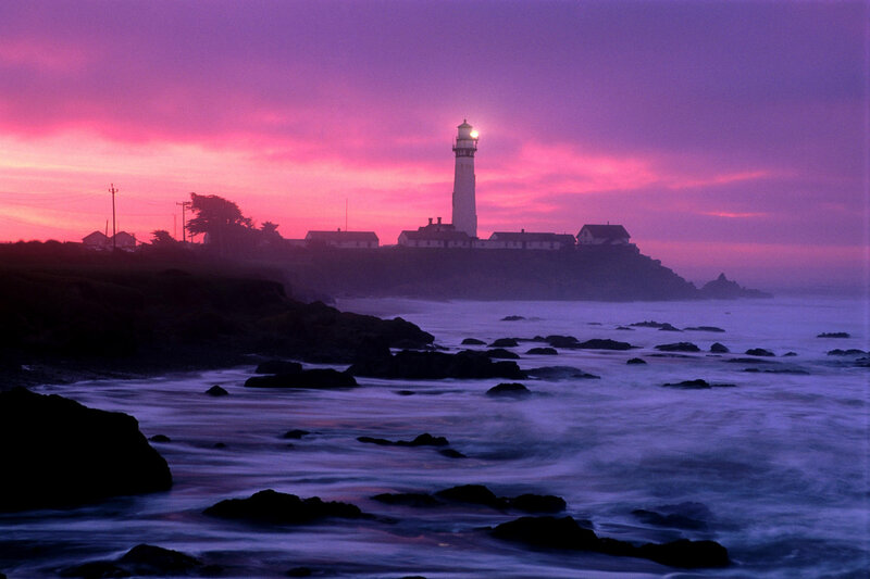 Lighthouse on Rocky Coast — Purple, Dramatic