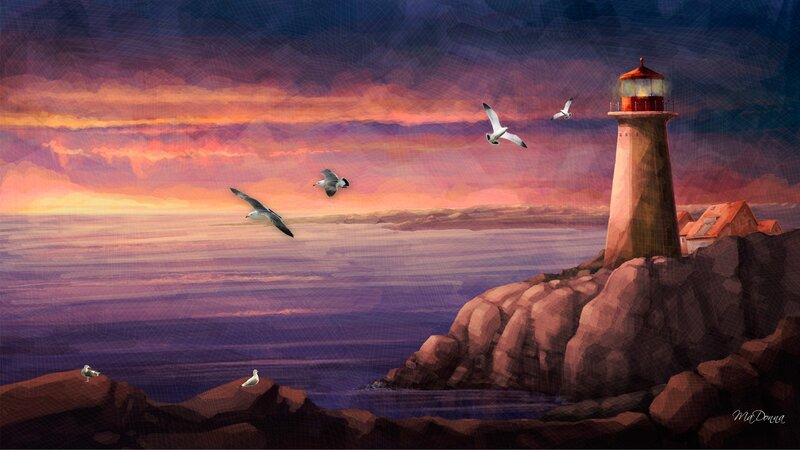 Lighthouse on Rocky Coast — Purple, Serene, Sunset, Digital Art