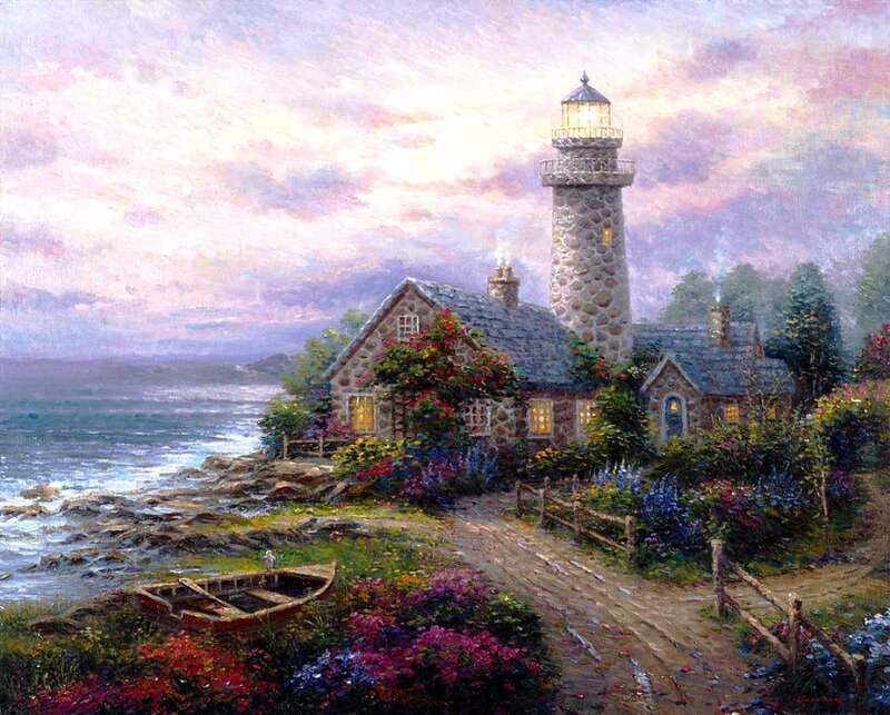 Lighthouse on Rocky Coast — Purple, Serene, Sunset, Painting, House, Boat