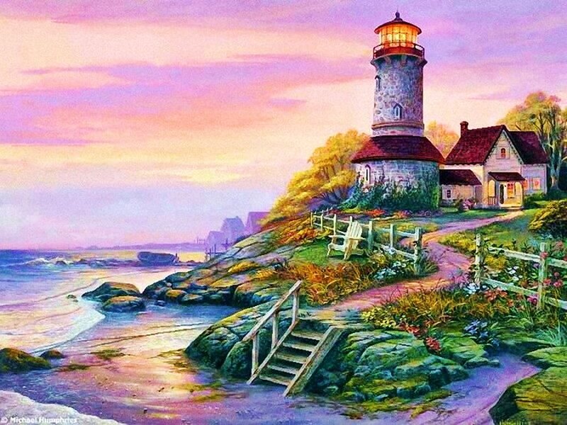 Lighthouse on Rocky Coast — Purple, Serene, Sunset, Painting, House