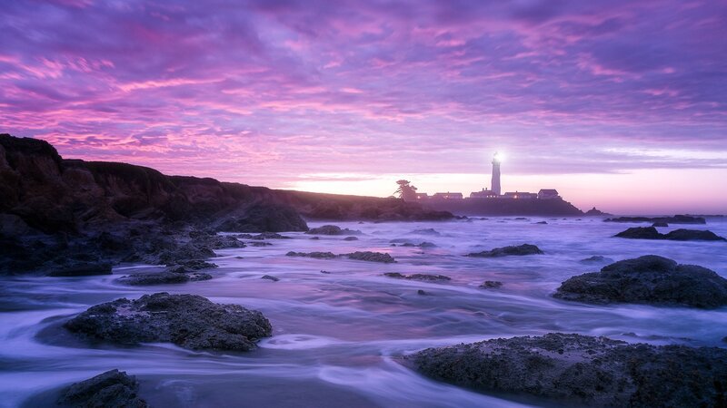 Lighthouse on Rocky Coast — Purple, Serene, Sunset, Photograph, Ocean, Rocks