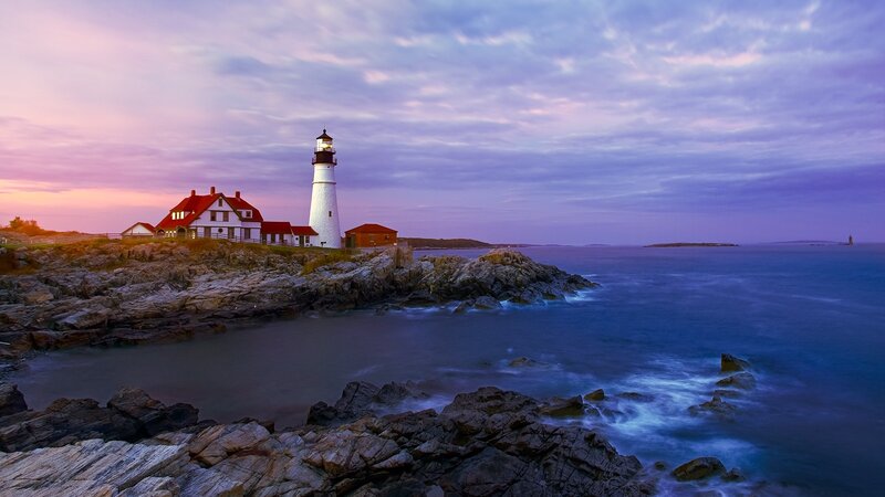 Lighthouse on Rocky Coast — Purple, Serene, Sunset, Photograph, Ocean, Sky