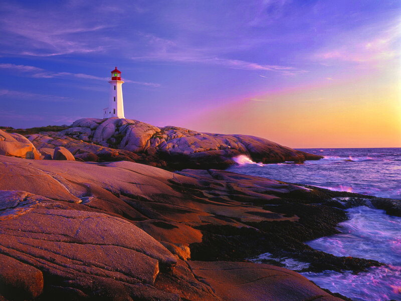 Lighthouse on Rocky Coast — Purple, Serene, Sunset, Photograph, Ocean