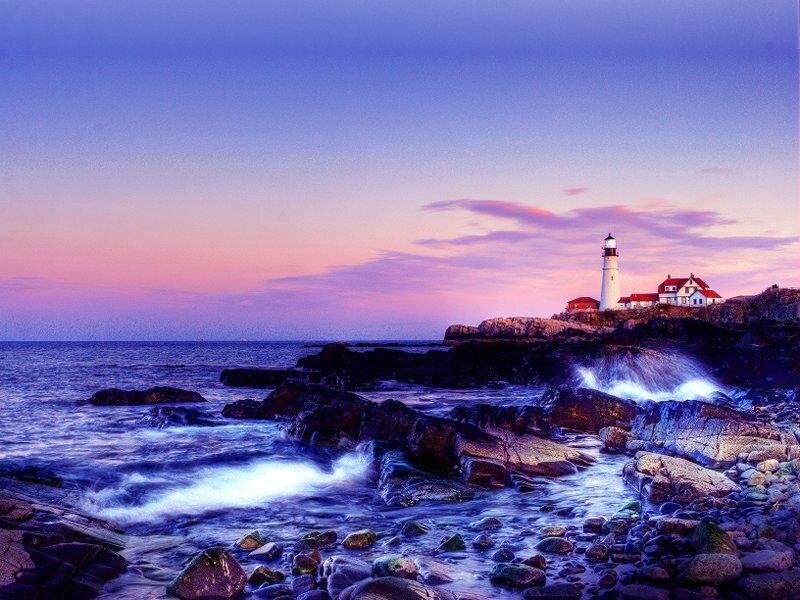 Lighthouse on Rocky Coast — Purple, Serene, Sunset