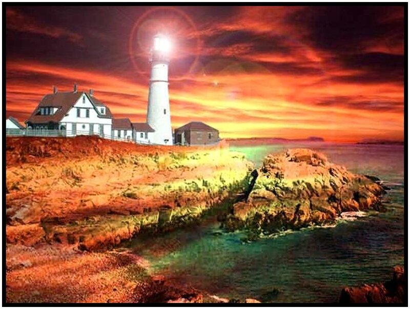 Lighthouse on Rocky Coast — Red, Dramatic, Sunset, Digital Art, House