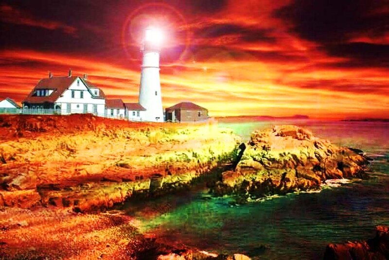 Lighthouse on Rocky Coast — Red, Dramatic, Sunset, Digital Art