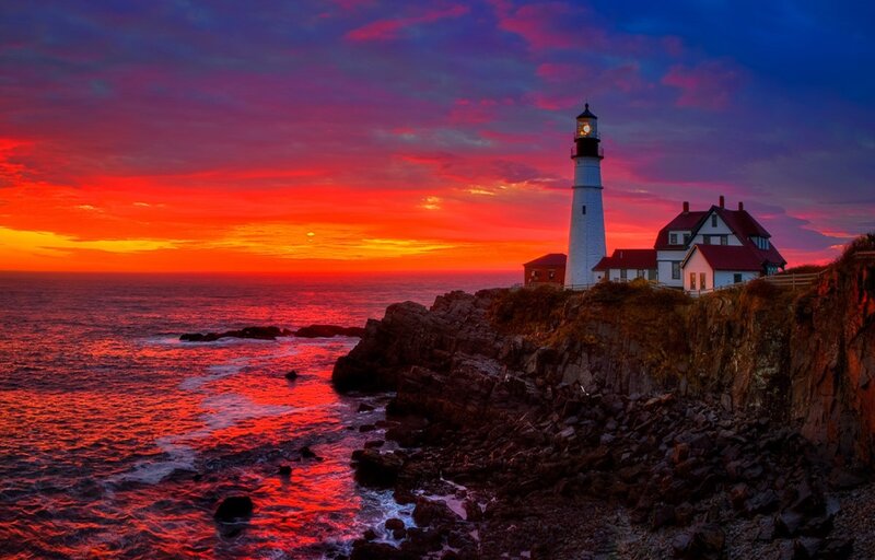 Lighthouse on Rocky Coast — Red, Dramatic, Sunset, Photograph