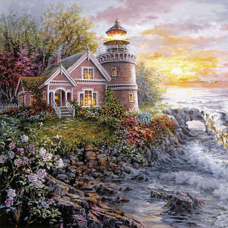 Lighthouse on Rocky Coast — Red, Serene