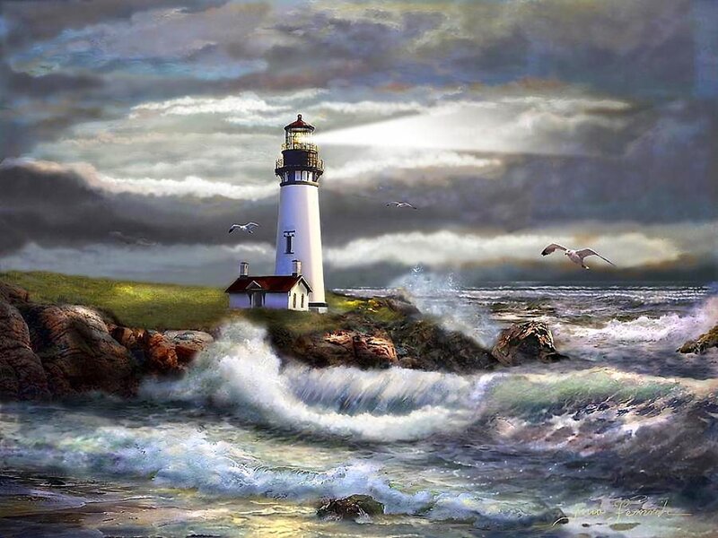 Lighthouse on Rocky Coast — White, Dramatic, Night