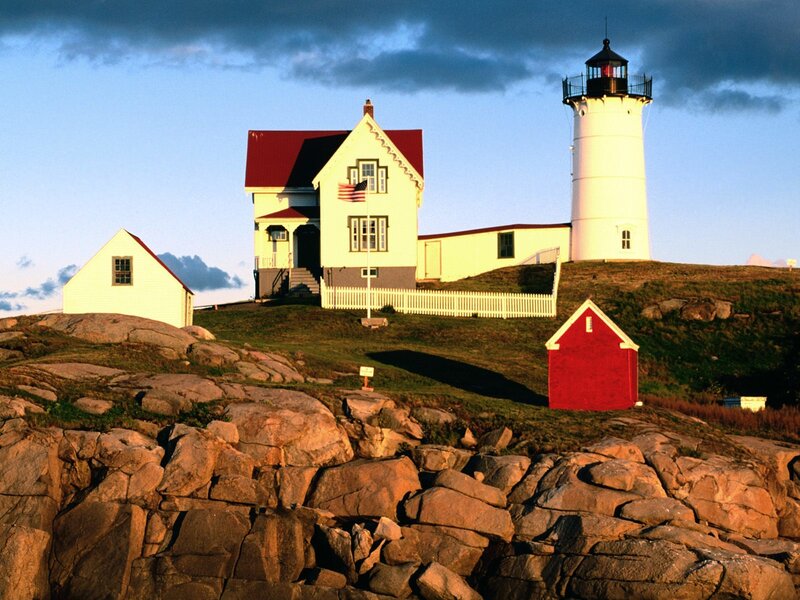Lighthouse on Rocky Coast — White, Dramatic, Sunset, Photograph, House
