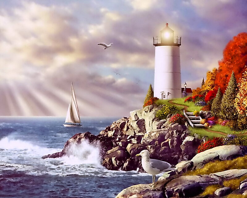 Lighthouse on Rocky Coast — White, Serene, Afternoon, Painting, Sailboat