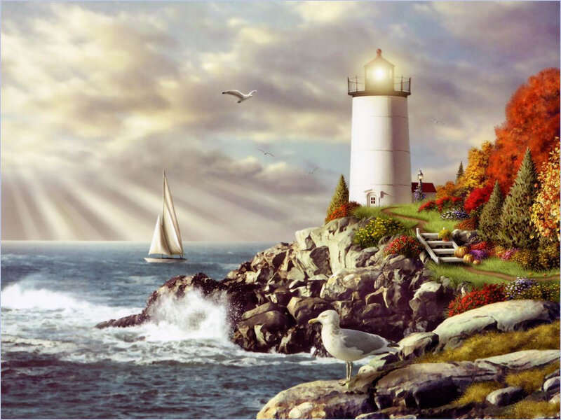Lighthouse on Rocky Coast — White, Serene, Afternoon