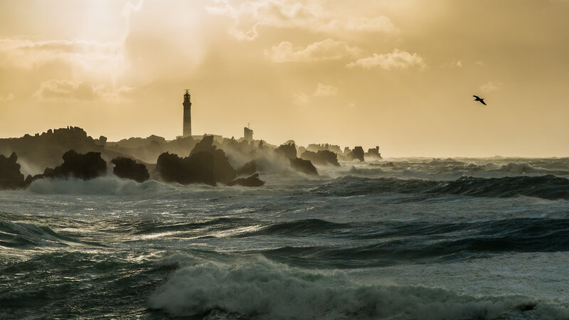 Lighthouse on Rocky Coast — Yellow, Dramatic, Sunset