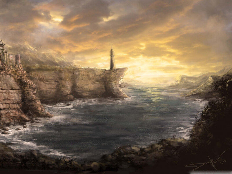 Lighthouse on Rocky Coast — Yellow