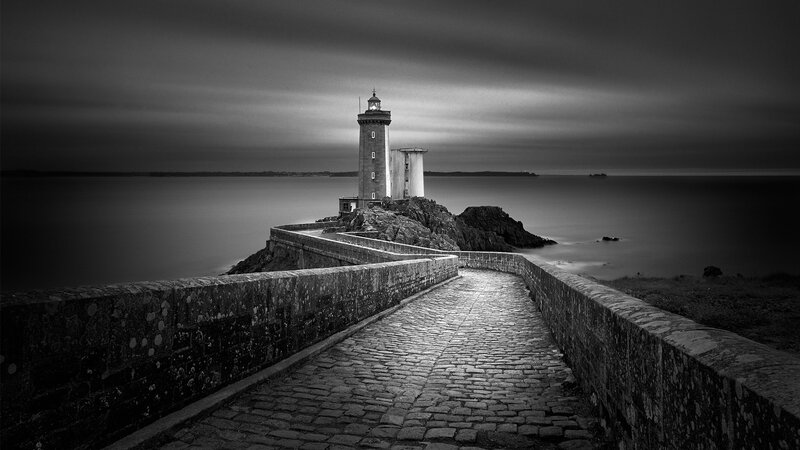 Lighthouse on Rocky Island — Black, Dramatic, Night, Photograph