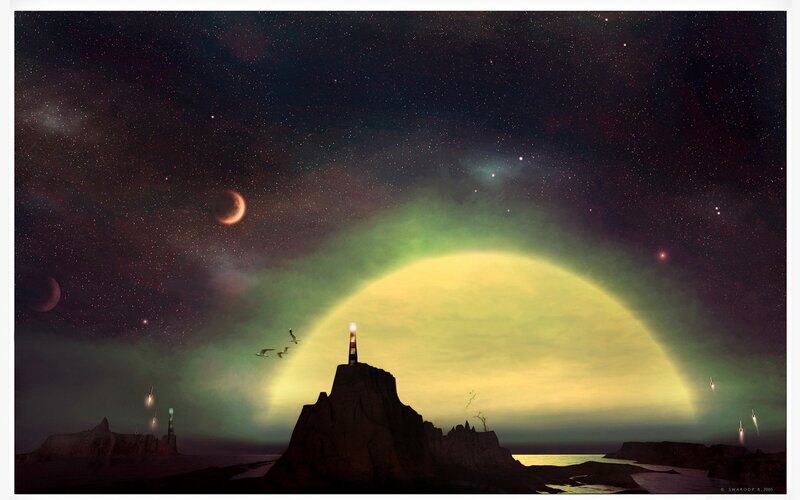 Lighthouse on Rocky Island — Black, Dramatic, Night