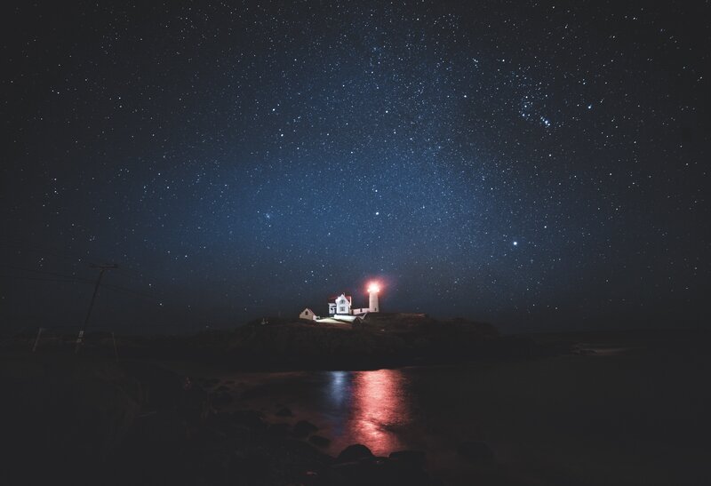 Lighthouse on Rocky Island — Black, Serene, Night
