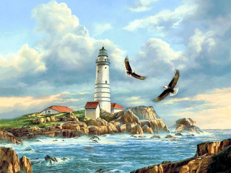 Lighthouse on Rocky Island — Blue, Dramatic, Afternoon, Painting