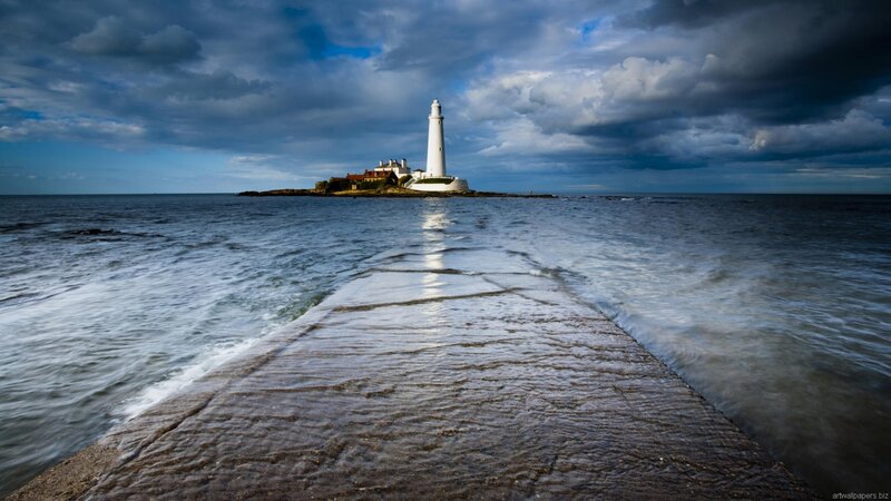 Lighthouse on Rocky Island — Blue, Dramatic, Afternoon, Photograph, Sea, Sky