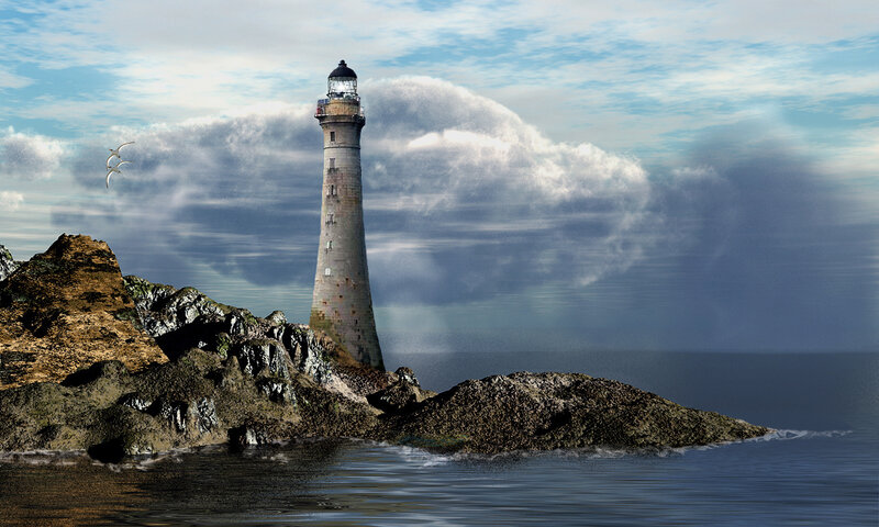Lighthouse on Rocky Island — Blue, Dramatic, Digital Art