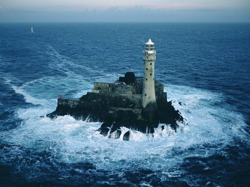 Lighthouse on Rocky Island — Blue, Dramatic, Morning