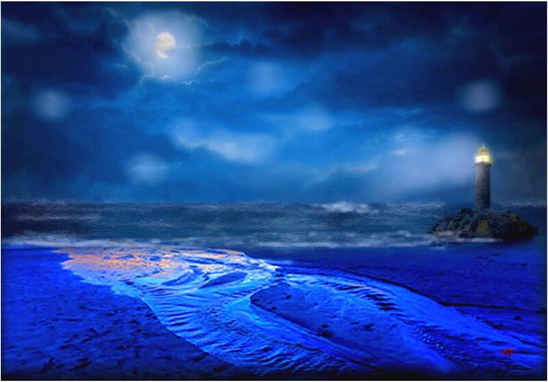 Lighthouse on Rocky Island — Blue, Dramatic, Night, Digital Art, Moon, Ocean