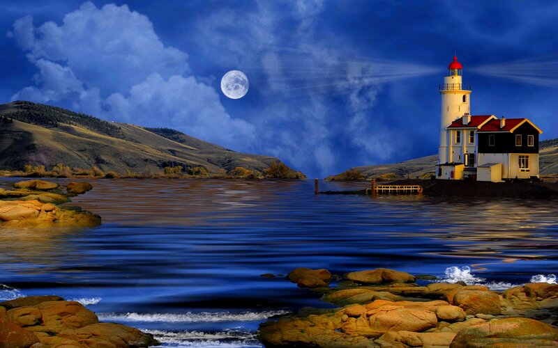Lighthouse on Rocky Island — Blue, Dramatic, Night, Digital Art, Moon