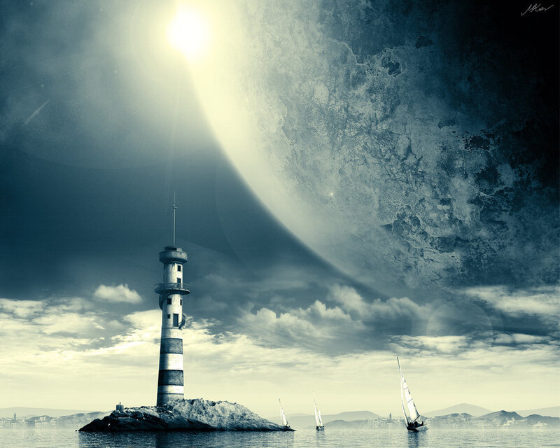 Lighthouse on Rocky Island — Blue, Dramatic, Night, Digital Art, Sailboats, Moon, Clouds, Gray