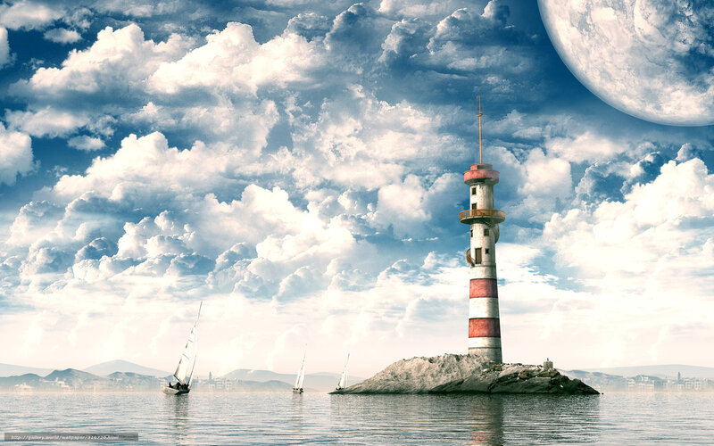 Lighthouse on Rocky Island — Blue, Dramatic, Night, Digital Art, Sailboats, Moon