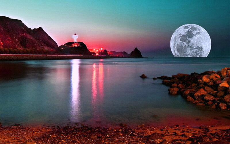Lighthouse on Rocky Island — Blue, Dramatic, Night, Photograph, Moon
