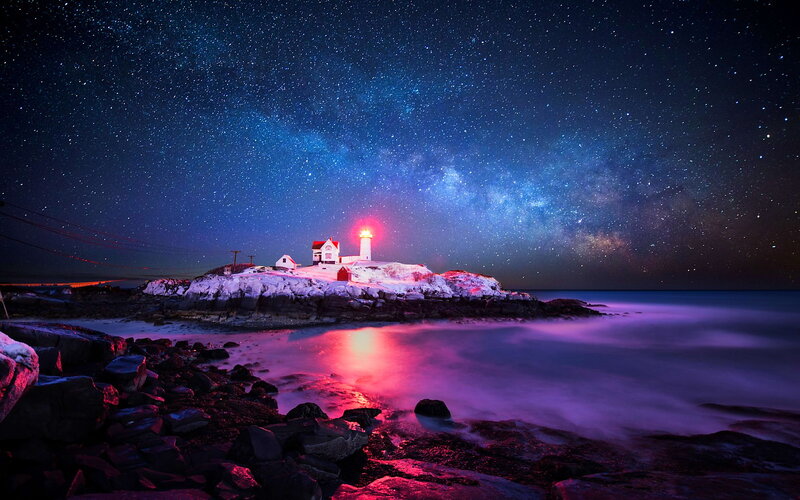 Lighthouse on Rocky Island — Blue, Dramatic, Night, Photograph, Starry Sky