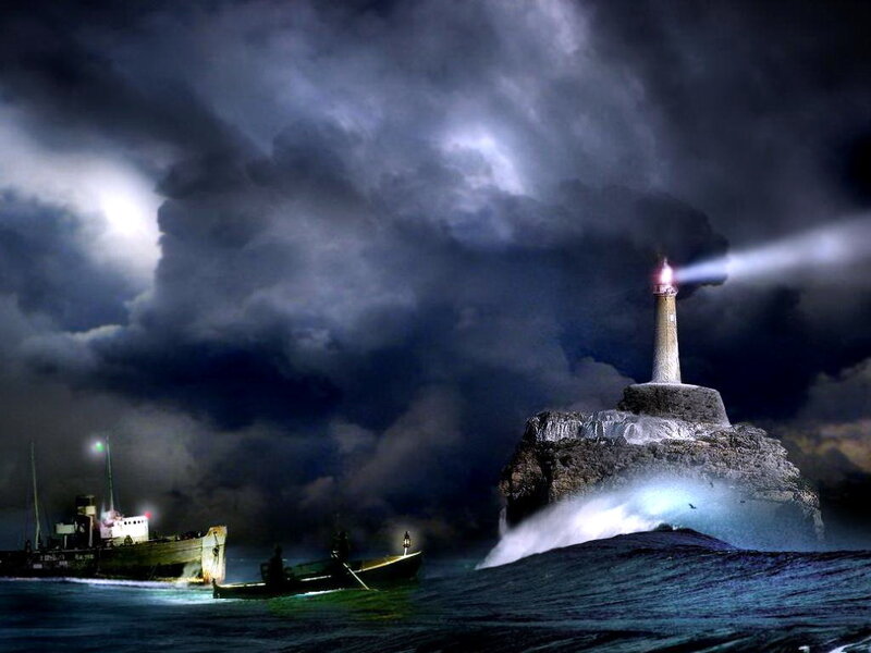 Lighthouse on Rocky Island — Blue, Dramatic, Night