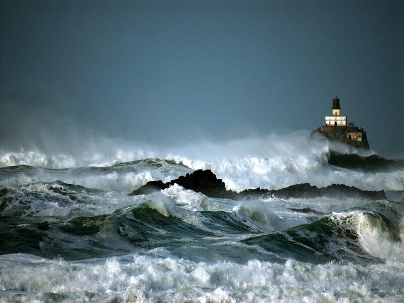 Lighthouse on Rocky Island — Blue, Dramatic, Photograph