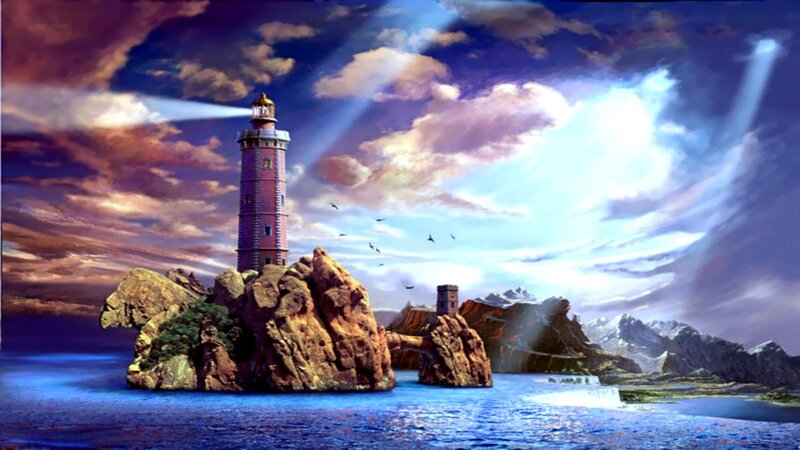 Lighthouse on Rocky Island — Blue, Dramatic, Sunset, Digital Art