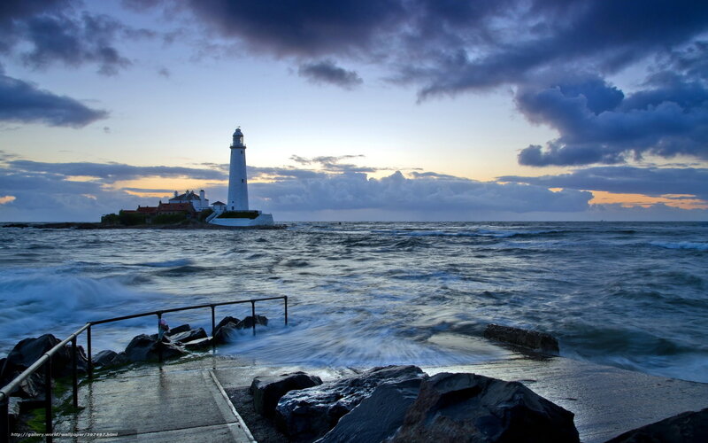 Lighthouse on Rocky Island — Blue, Dramatic, Sunset, Photograph, Ocean, Clouds