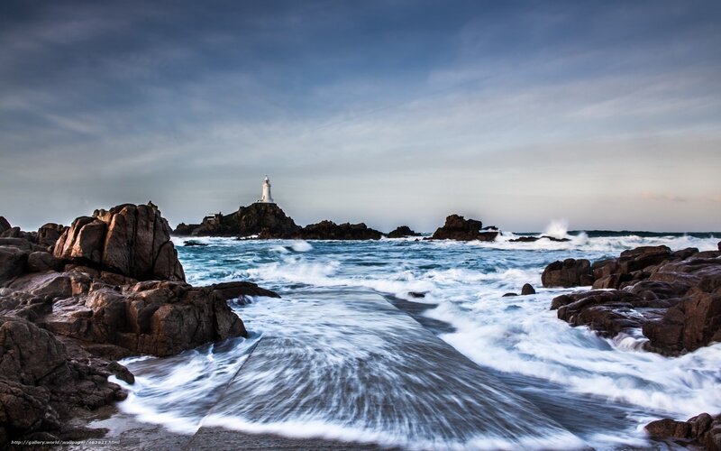Lighthouse on Rocky Island — Blue, Dramatic, Sunset, Photograph, Ocean Waves