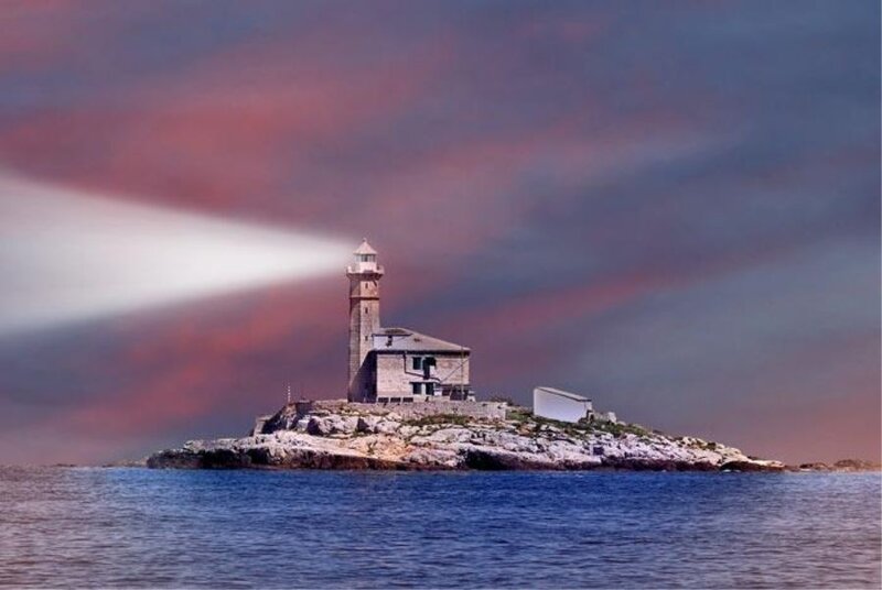 Lighthouse on Rocky Island — Blue, Dramatic, Sunset