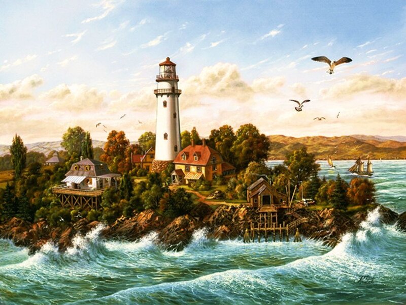 Lighthouse on Rocky Island — Blue, Serene, Afternoon, Painting, Seagulls