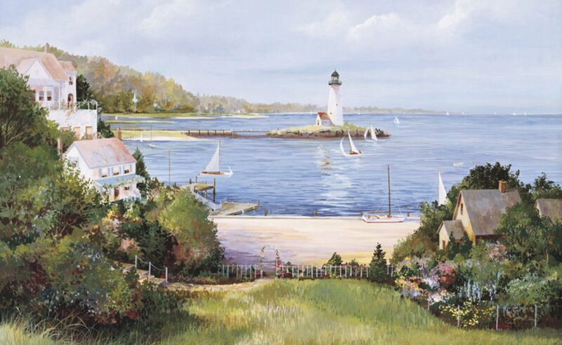 Lighthouse on Rocky Island — Blue, Serene, Afternoon, Painting