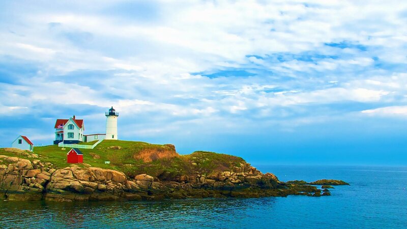 Lighthouse on Rocky Island — Blue, Serene, Afternoon, Photograph, House