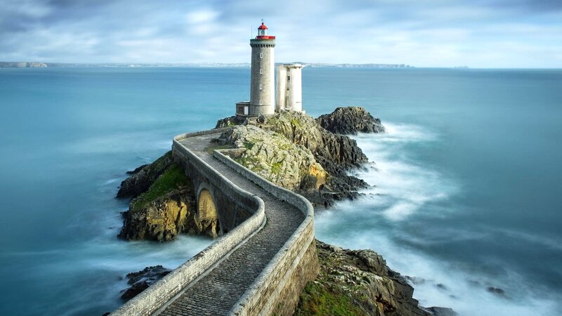 Lighthouse on Rocky Island — Blue, Serene, Afternoon, Photograph, Ocean, Bridge, Sky