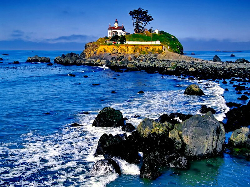 Lighthouse on Rocky Island — Blue, Serene, Afternoon, Photograph, Ocean, Rocks, Tree