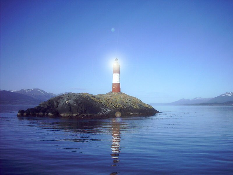 Lighthouse on Rocky Island — Blue, Serene, Morning, Photograph, Mountains