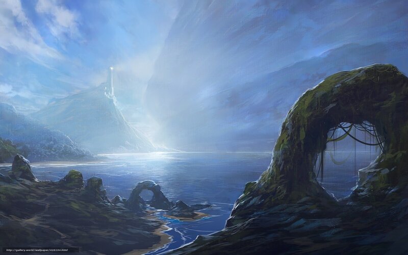 Lighthouse on Rocky Island — Blue, Serene, Morning